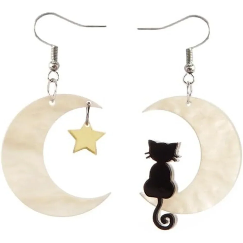Women's Beige Acrylic Moon Star Cat Spooky Skull Skeleton Halloween Earrings